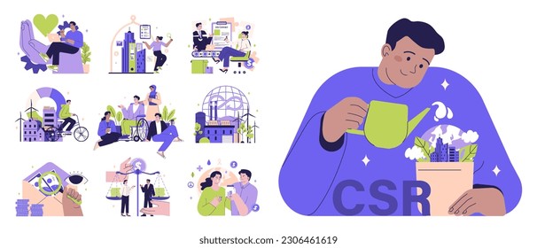 Corporate Social Responsibility, CSR set. Business' responsibility for impact on environment, ethical corporate practices and reduce production carbon footprint. Flat vector illustration