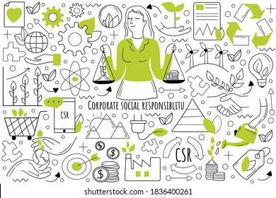 Corporate Social Responsibility Doodle Set. Collection Of Hand Drawn Templates Patterns Sketches Of Businesswoman Balancing Holding Money And Tree In Hands. Environmental Impact Of Business Operations