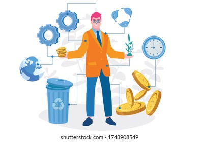 Corporate social responsibility. eco business. Businessman balances with money and tree in hands.Vector illustration for web banner, infographics, mobile. 