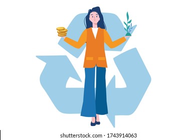 Corporate social responsibility. eco business. save plane. Businesswoman balances with money and tree in hands.Vector illustration for web banner, infographics, mobile. 