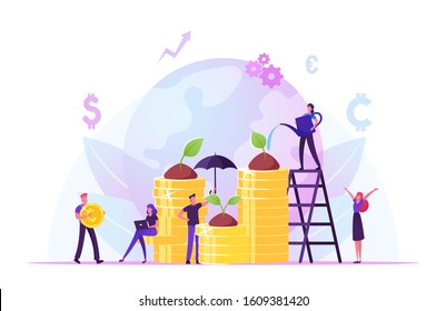 Corporate Social Responsibility. Ethical And Honest Persons Growing Plants On Coins. Strategy For Sustainable And Fair Rights Organization Management Or Csr Teamwork. Cartoon Flat Vector Illustration