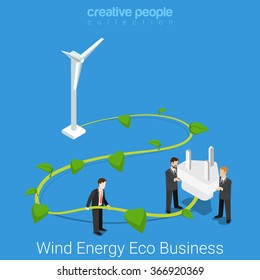 Corporate social responsibility. Flat 3d isometry isometric wind energy eco business concept web vector illustration. Big wind turbine plant stem and power outlet plug. Creative people collection.