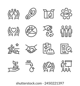 Corporate Social Responsibility, icon set. Sustainable Development and Ethical Business Practices. Human rights, Environmental Protection, Sustainability, Volunteering. Line with editable stroke