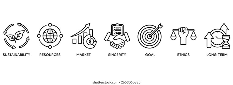Corporate social responsibility icon set vector illustration concept relate to sustainability, resources, market, sincerity, goal, ethics and long term