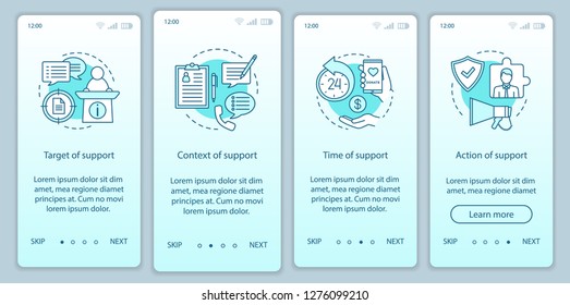 Corporate social responsibility onboarding mobile app page screen vector template. Social license walkthrough website steps. Target, context, time, action of support. UX, UI, GUI smartphone interface
