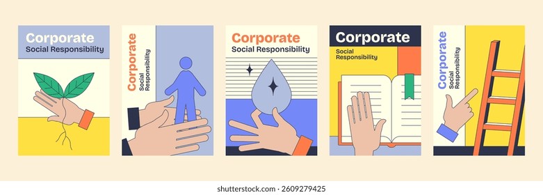 Corporate social responsibility poster with hands, leaves, and ladder symbolizing growth and sustainability. Neubrutalism style