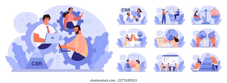 Corporate social responsibility set. CSR, business take responsibility for impact on environment. Reduction of carbon footprint, negative impact of production. Flat vector illustration