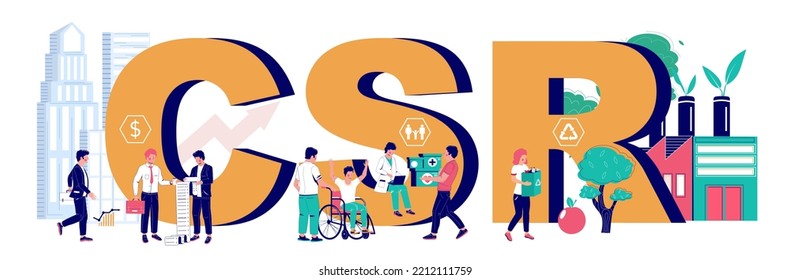 Corporate social responsibility vector. CSR flat poster. Strategy for sustainable and fair rights concept. Company teamwork organization and management illustration