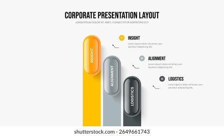 Corporate Solution Three Element Diagram Frame Template. Marketing Overview 3 Step Infographic Slideshow Design. Financial Portfolio Presentation Layout Vector Illustration.