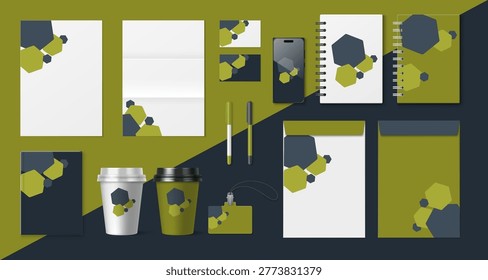 Corporate stationery mockup set, isolated vector illustrations. Brand identity template including folder, envelope, business cards, coffe cup, book and office supplies with abstract geometric pattern