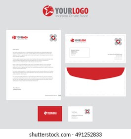 corporate stationery template design with red color elements.