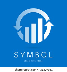 ICONO DE ESTADÍSTICAS CORPORATIVAS / LOGO / TRES BARRAS DE AVANCE EN UN CÍRCULO CON DOS FLECHAS , TRANSPARENTE BLANCO EN FONDO AZUL 