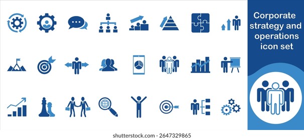 Corporate strategy and management icon set, strategy, corporate, business, organization, performance, implementation, innovation, leadership, analysis, goals, solutions, success, teamwork, management 