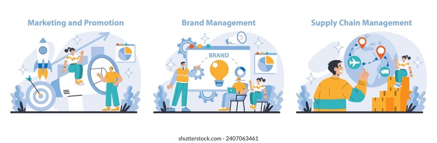 Corporate Strategy set. Enhancing marketing and promotion. Maintaining robust brand management. Streamlining supply chain operations. Visualizing business growth and market reach. vector illustration.