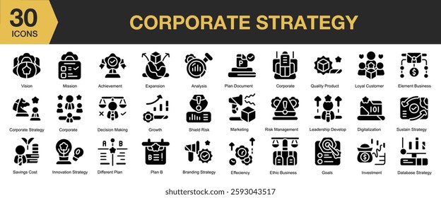 Corporate Strategy solid icon set. Includes business, corporate, strategy, company, technology, and More. Solid icons vector collection.