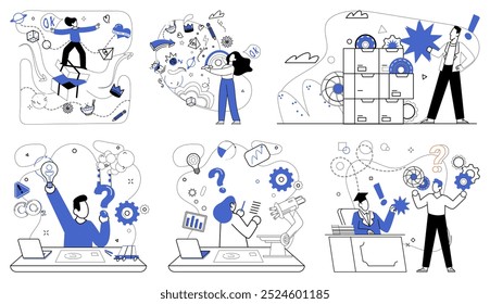 Ilustración vectorial de estrategia Corporativa. La estrategia Corporativa es el capitán dirigiendo la organización de los barcos a través de aguas turbulentas. La cumbre de la perfección es escalada por organizaciones armadas con herramientas