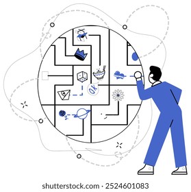 Ilustración vectorial de estrategia Corporativa. El análisis de Profesional es un microscopio que revela detalles intrincados en el éxito corporativo del tejido Aspiraciones impulsadas por soluciones Organizaciones de propulsión de motores de combustible