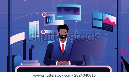 Corporate stress vector showing overwhelmed analyst managing complex digital dashboards