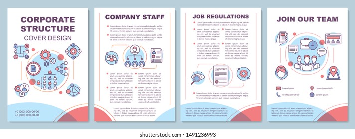 Layout der Broschüren für die Unternehmensstruktur. Personalverwaltung des Unternehmens. Flyer, Broschüre, Broschürendesign mit linearen Illustrationen. Vektorseitenlayouts für Zeitschriften, Berichte, Werbeplakate