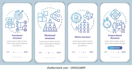 Corporate structure onboarding mobile app page screen with linear concepts. Organization hierarchy. Company management walkthrough graphic blue instructions. UX, UI, GUI template with illustrations