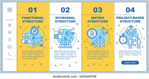 Corporate structure onboarding mobile web pages vector template. Organization hierarchy. Company management. Responsive smartphone website interface with linear icons. Webpage walkthrough step screens