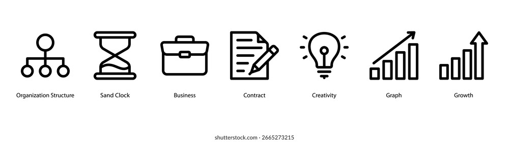 Ilustração vetorial do ícone do banner da web da estrutura corporativa apresentando a estrutura da organização, o relógio de areia, os negócios, o contrato, a criatividade, o gráfico e o crescimento para suportar o planejamento empresarial.