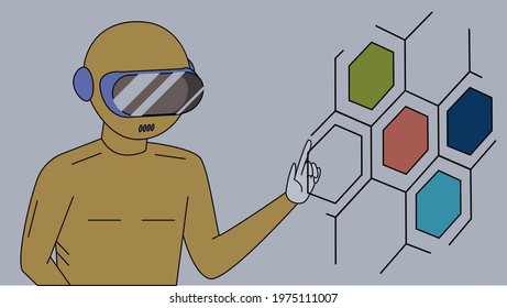Corporate style background concept. Futuristic figure touching button.