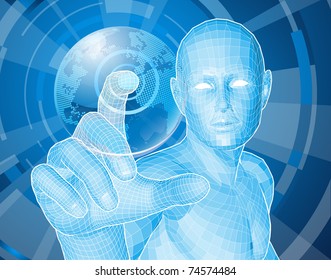 Corporate style background concept. Futuristic blue figure selecting a floating world globe.