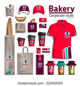 Corporate style bakery. Packaging design kit for bread, croissant. Vector illustration of red and turquoise