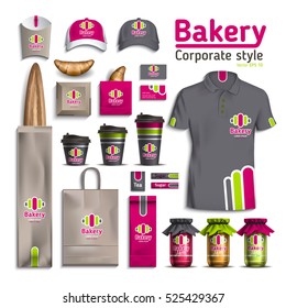 Corporate style bakery. Packaging design kit for bread, croissant. Vector illustration of gray and pink colors