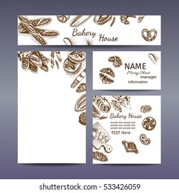Corporate style - bakery.
Vector background sketch - loaf, baguette, bread, croissant, buns, puffs