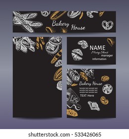 Corporate style - bakery.
Vector background sketch - loaf, baguette, bread, croissant, buns, puffs