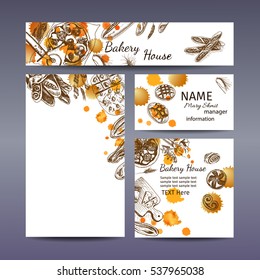 Corporate style - bakery.
Vector background sketch - bread, loaf, baguette, focaccia, pizza
Italian bakery house with fresh pastry