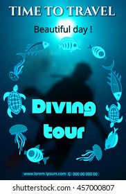 Corporate  style,  brochure design, template vector, Leaflet, cover ,presentation. to advertise and promote diving. blurred background  