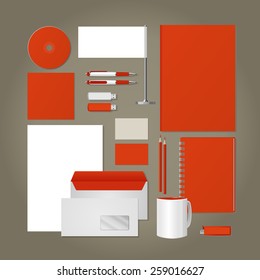 Corporate style -  business cards, a disk, a flag, the handle, a flash card, the form,  an envelope, a mug, a notebook, a pencil. Vector. 