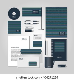 Corporate style -  business cards, a disk, a flag, the handle, a flash card, the form, 
an envelope, a mug, a notebook, a pencil. Vector.