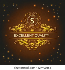 Corporate style card with pattern on brown background, decorated shiny lights. Logo floral design. Vector Illustration