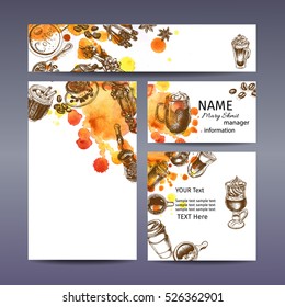 Corporate style - coffee.
Vector background sketch - latte, cappuccino, espresso, mocha, Americano, frappe
