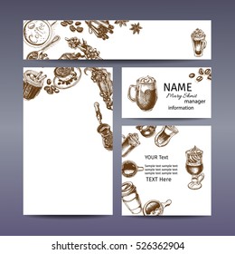 Corporate style - coffee.
Vector background sketch - latte, cappuccino, espresso, mocha, Americano, frappe
