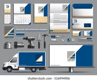 Corporate style of the construction company. Design of branded items. Vector illustration. The color blue and white