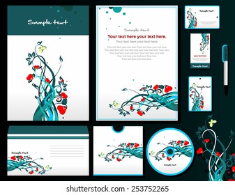 Corporate style with floral motive. 9 templates: blank, card, pen, cd, note-paper, envelope, business card.