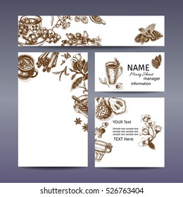 Corporate style - herbal tea.
Vector background sketch - cup, berry,  wild rose, linden, mint, chamomile, lemon, bergamot, Soursop, blueberry, Jasmine, cloves, ginger, cinnamon
