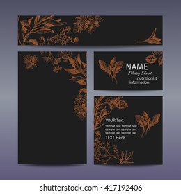 Corporate style - herbs. Vector background sketch herbs including Bay leaf, dill, thyme, sage, rosemary, Basil, parsley, and arugula. Corporate identity, branding.