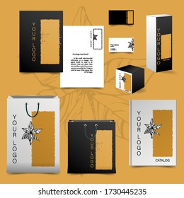 Estilo corporativo, identidad, diseño de empaquetado, materiales POS. Fondo negro y lirio, abstracción amarilla.