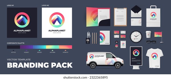 Corporate style megapack template, branding bundle with folder, notepad, lightbox, car, business card and A4 form. Creative gradient rainbow circle logo for modern company.