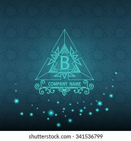 Corporate style ornamental card with pattern, triangular logo floral design, decorated shiny. Vector illustration