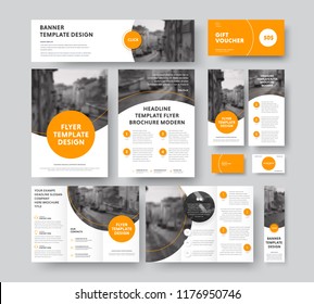 Corporate style with round and semicircular orange design elements and stroke, with a place for photos. Vector flyer templates, brochures, vouchers, cards and banners. Set