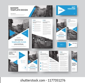 corporate style set with triangular blue design elements, diagonals and a place for photos. Vector flyer templates, brochures, vouchers, cards and banners.