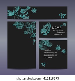 Corporate style - spices.
Vector background sketch spices.
Illustration star anise, vanilla, cinnamon, cardamom, clove, nutmeg, ginger.
