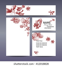 Corporate style - spices.
Vector background sketch spices.
Illustration star anise, vanilla, cinnamon, cardamom, clove, nutmeg, ginger.
Corporate identity, branding.